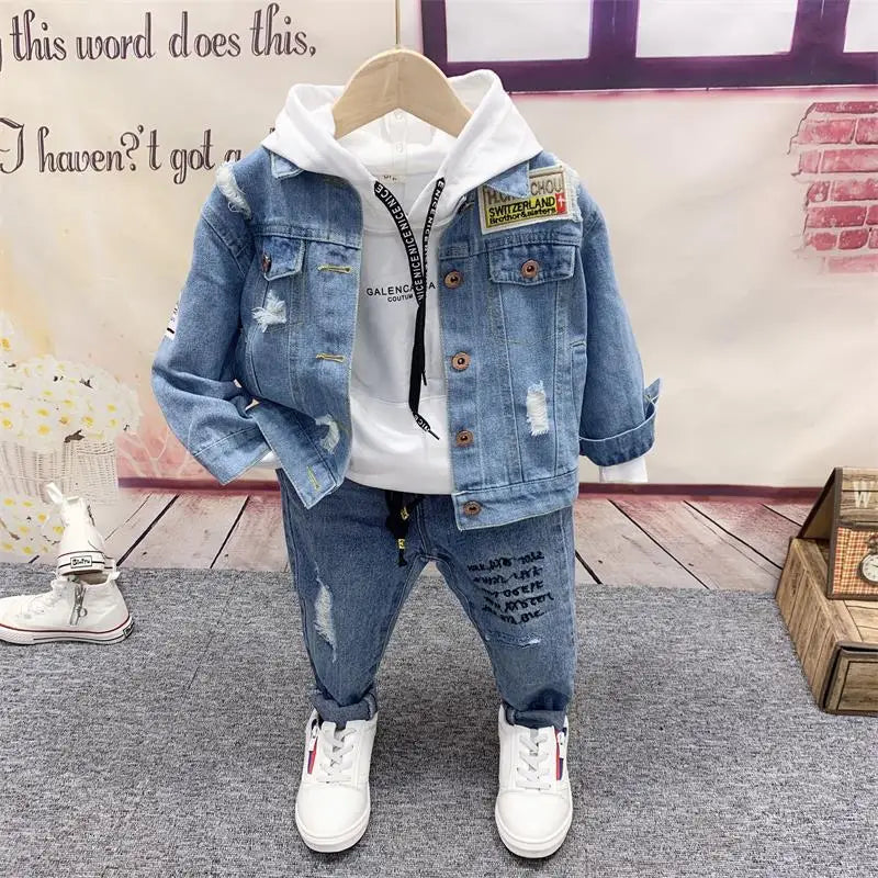 3psc Toddler Boy Clothes Children Clothing Pant Sets Spring Fall Denim  Jacket Long Sleeve Button Hooded Sweater Jeans Kids Suit